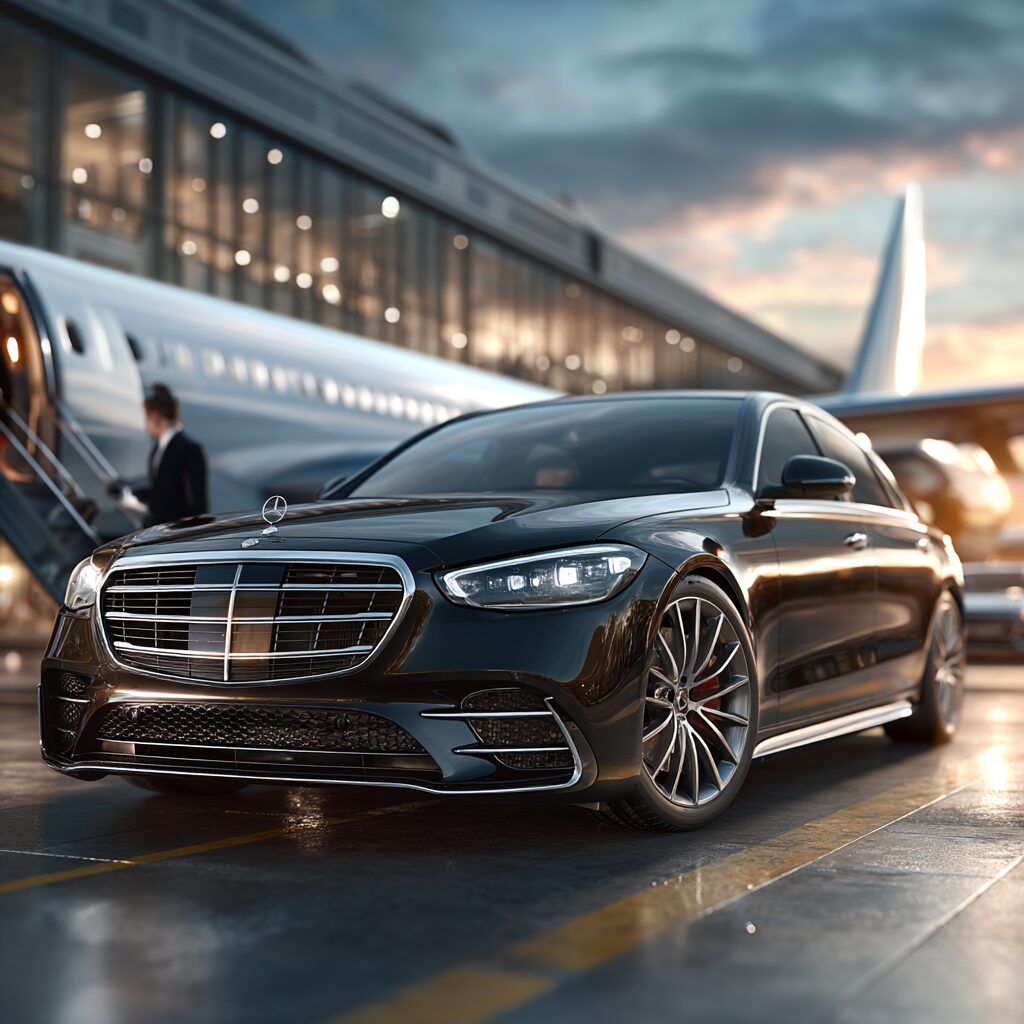 Professional black shuttle for airport transfer service at Seattle-Tacoma International Airport (SEA)
