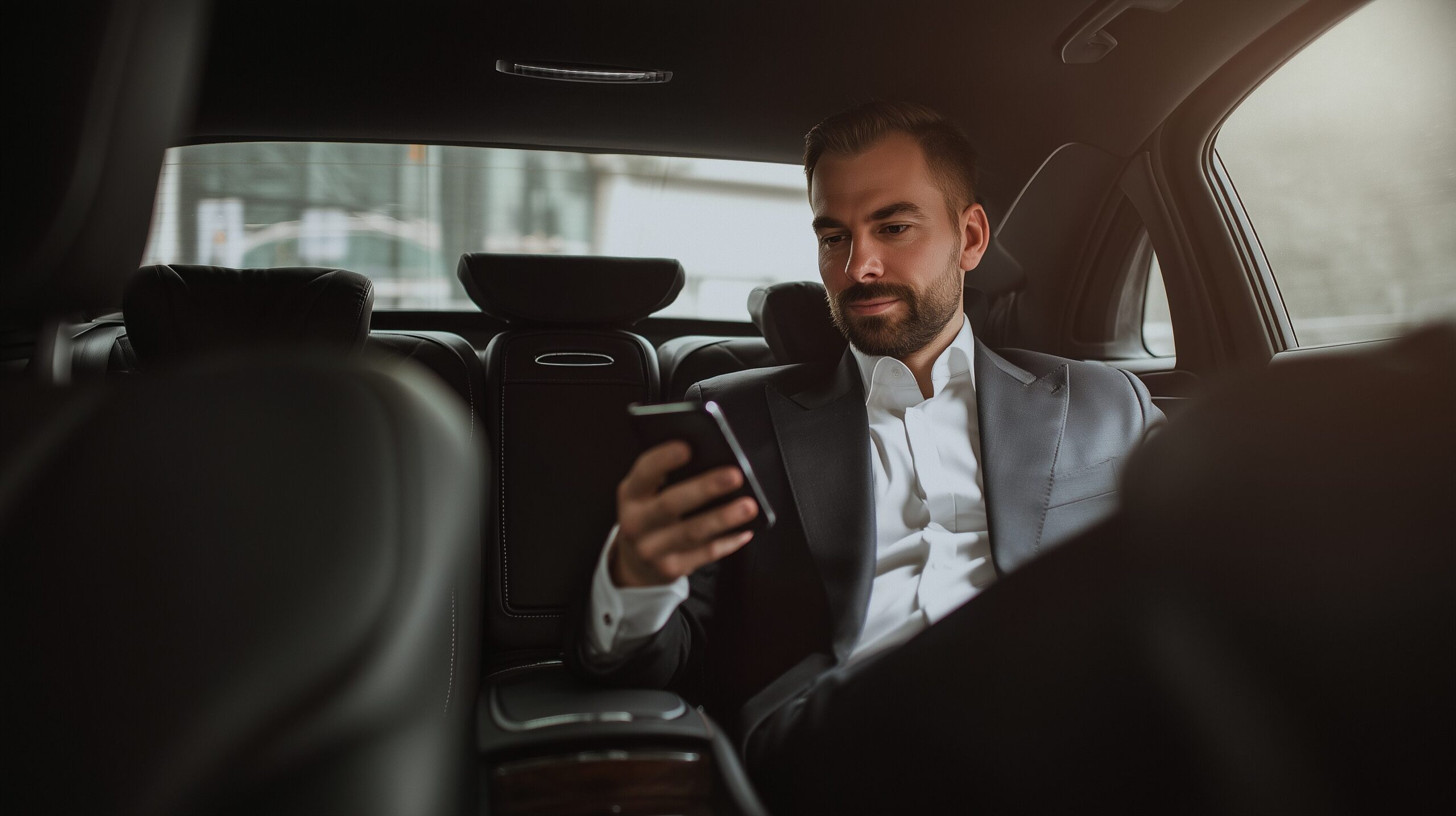 Businessman sitting in backseat of Seattle black car service