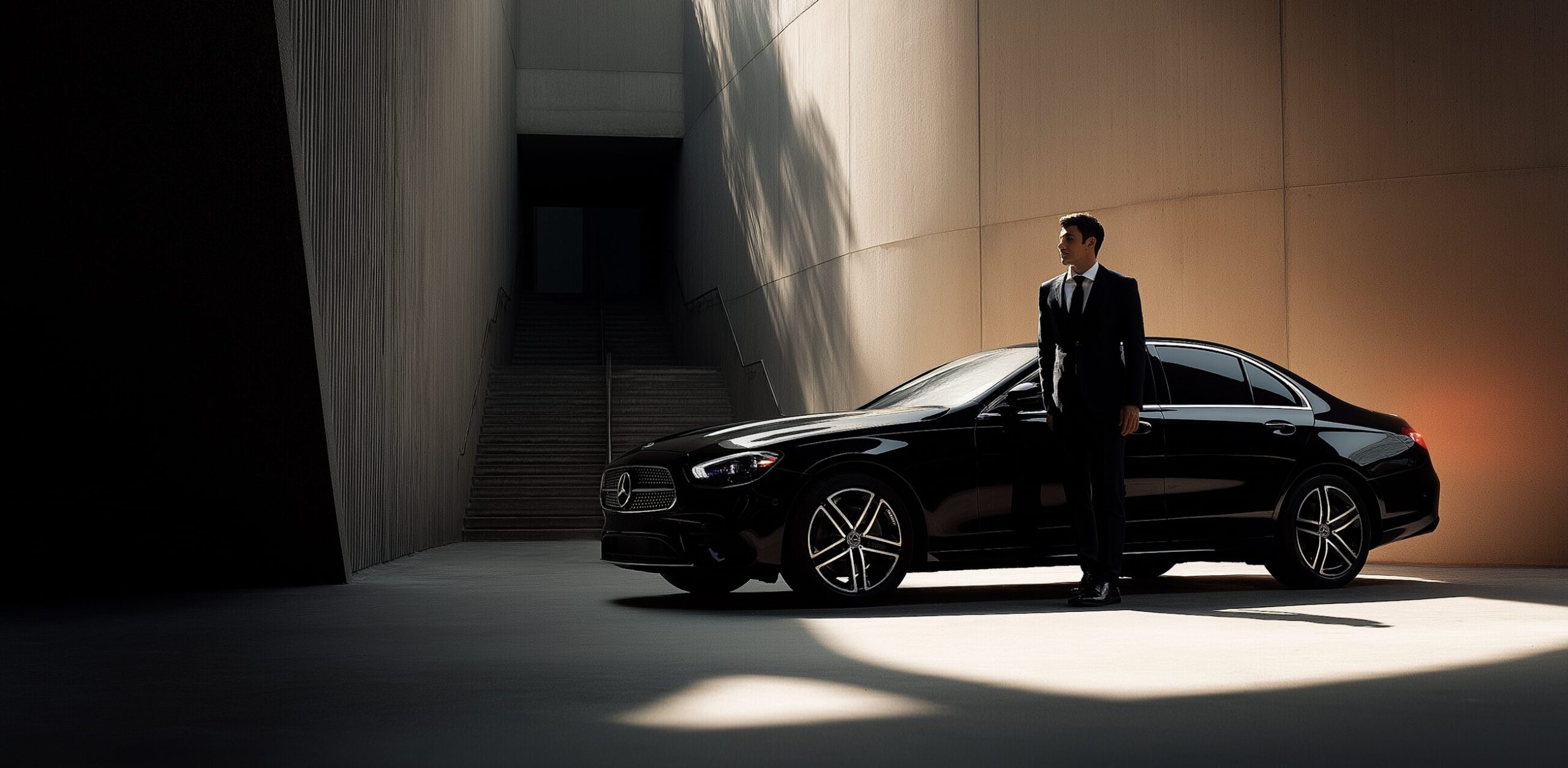 Luxury black executive car and shuttle van parked near Seattle skyline, offering airport, cruise, and corporate transfers