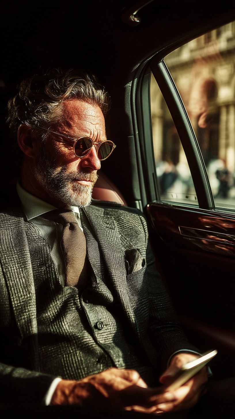 Professional businessman sitting in a luxury shuttle car in Seattle for corporate travel
