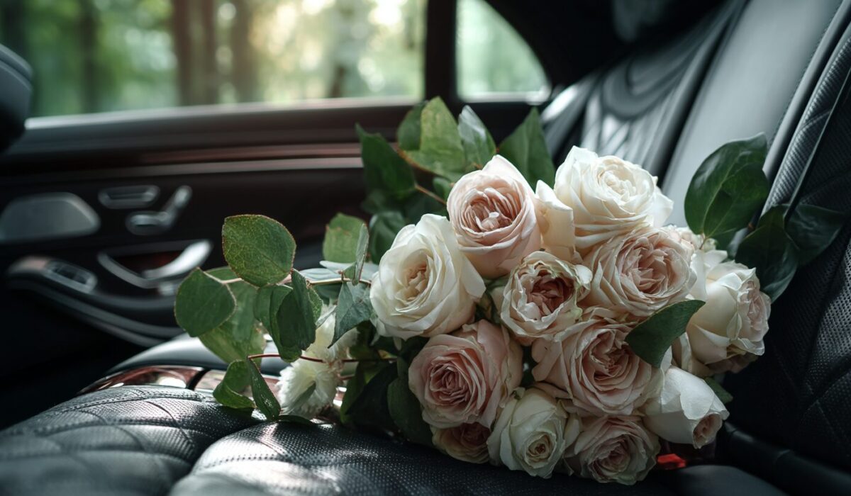 Bride and groom entering luxury black wedding shuttle in Seattle for reception transfer