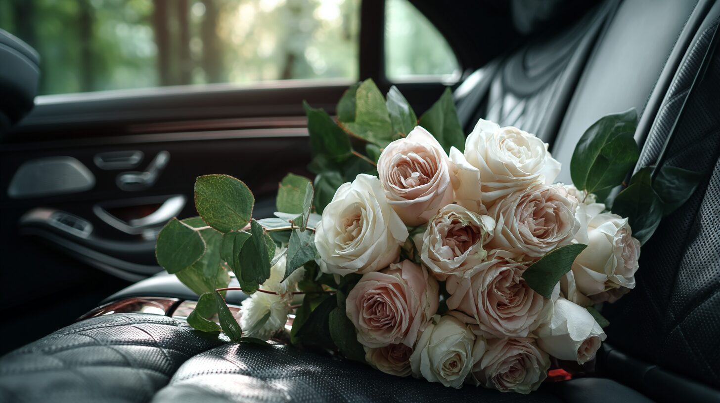 Bride and groom entering luxury black wedding shuttle in Seattle for reception transfer